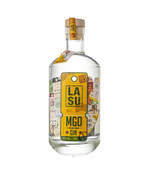 LA SU MGO Mango Gin, 43% Vol., 70cl – freigestellte Flasche